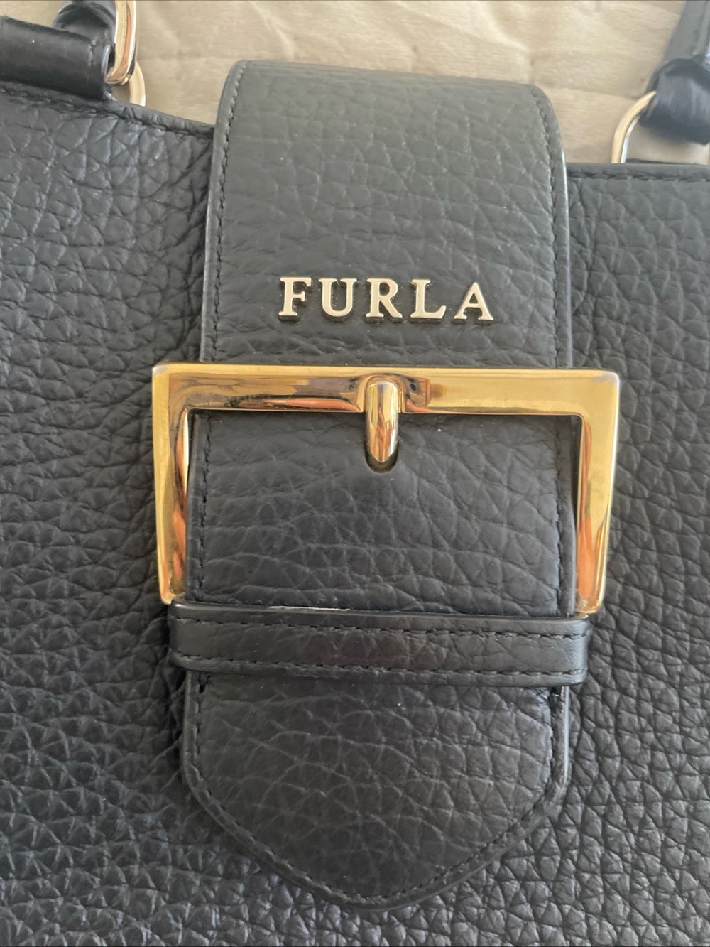 Furla Black Pebbled Leather Satchel with Gold Buckle - Picture 3 of 16